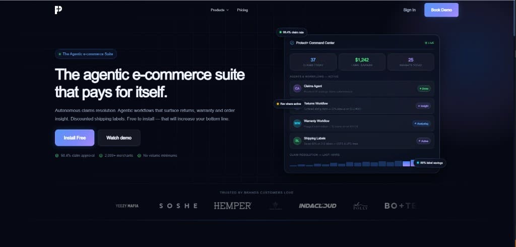 GetPlus Protect+ marketing hero showing the agentic e-commerce suite and command center preview